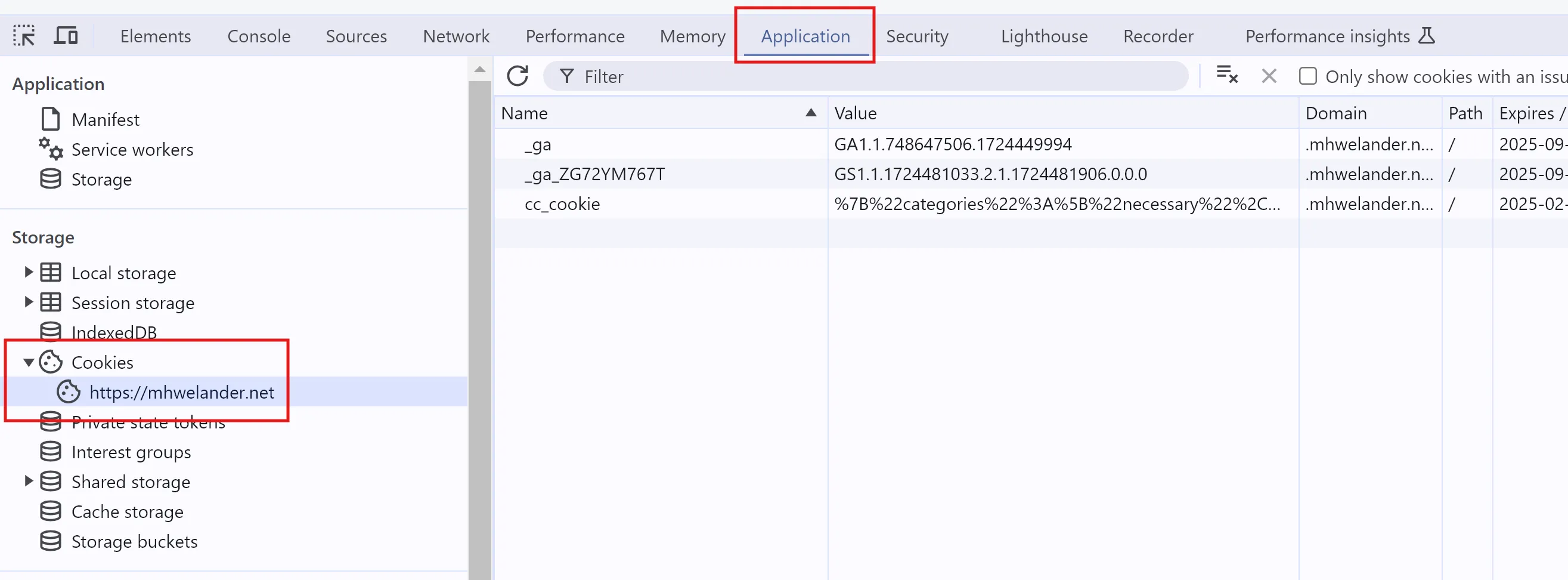 A screenshot of Google Chrome Dev Tools, showing the Application tab and the Cookies section.