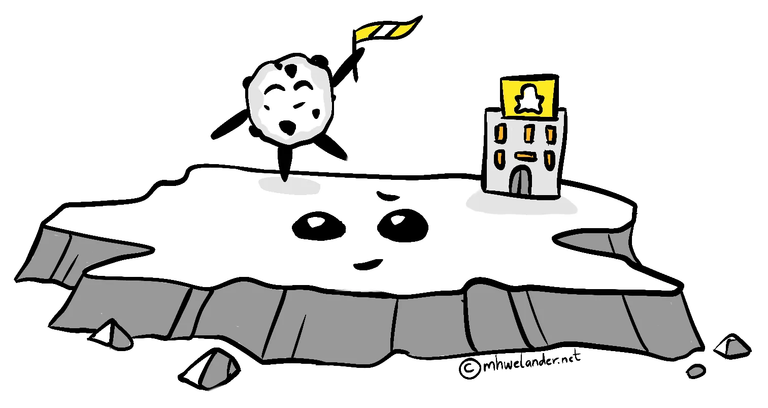 An illustration of a small flat island. The island has a face, and is smiling up at a cookie character dancing on its surface. The cookie is holding a flag with Snapchat's colors, which match the small high-rise building with the Snapchat logo also situated on the island.