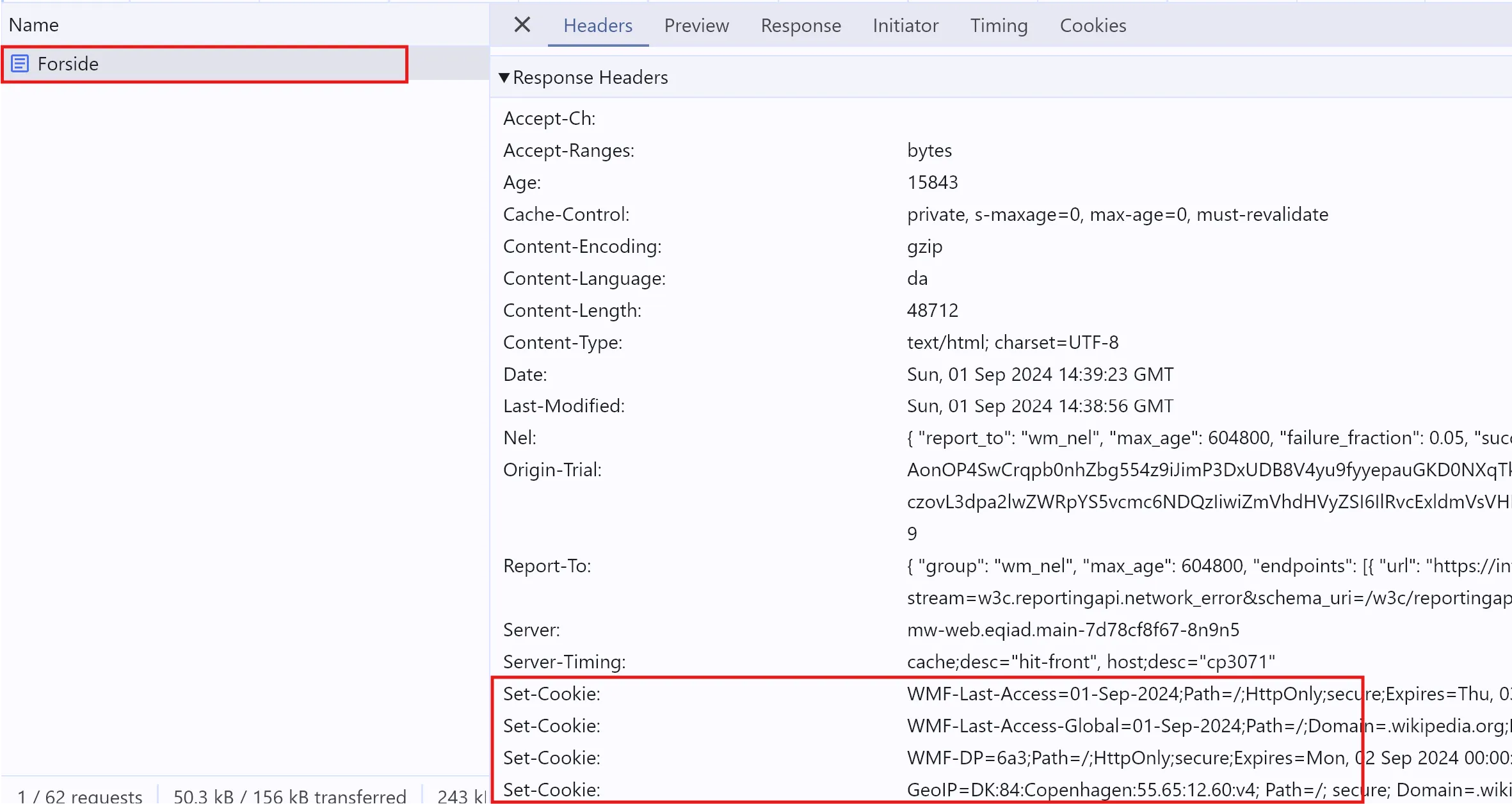 A screenshot of Google Chrome Dev Tools, showing a specific resource open in the Network tab. The response includes several Set-Cookie headers.