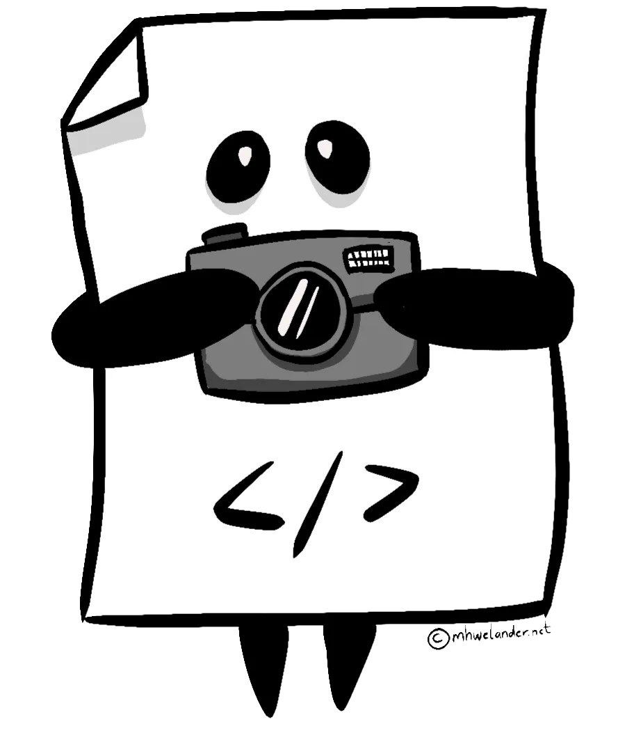 An illustration of a character shaped like a single page document with a </> symbol to indicate that it is a script. It has arms and legs, and is clutching a camera to its chest to indicate that it is a tracking script. It looks shy.