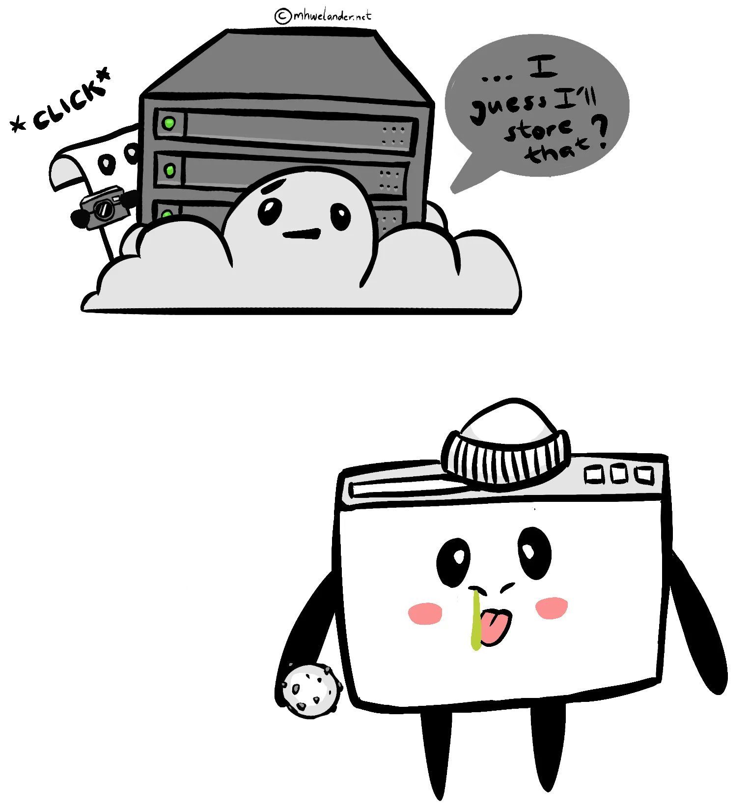 An illustration of a browser character wearing a hat and holding a cookie, and licking at some green snot coming out of its own nose. Above, a website character represented by a server in a cloud with a grossed-out expression says ".. I guess I'll store that?". Meanwhile, a character shaped like a document and holding a camera peeks out from behind the website character and snaps a photo with a click!