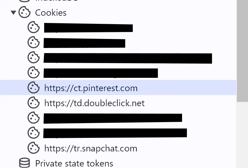 A screenshot of Google Chrome Dev Tools, showing the Cookies section in the Application tab. There is a list of 'frames', including ct.pinterest.com and td.doubleclick.net - some entries are blacked out