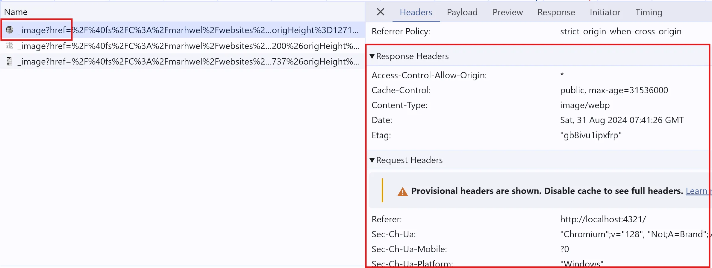 A screenshot of Google Chrome Dev Tools, showing a specific resource open in the Network tab. The request and response headers are highlighted in red.