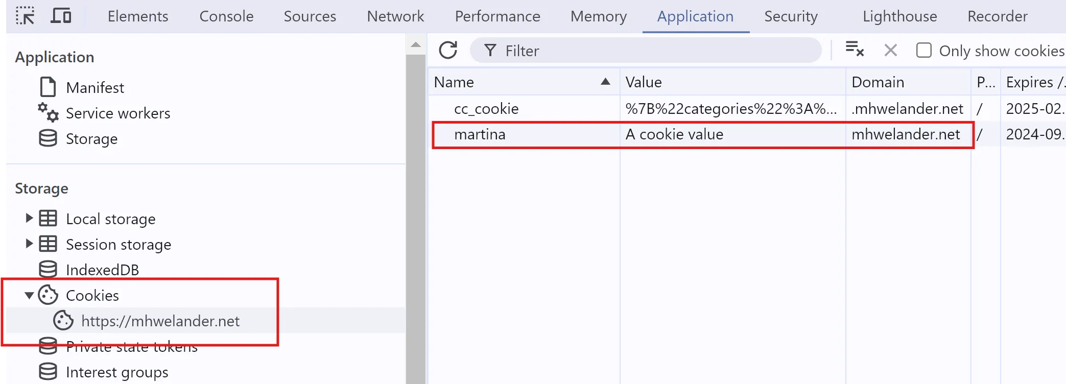 A screenshot of Google Chrome Dev Tools, showing the Application tab > Cookies section. The list of cookies includes the 'martina' cookie with the value 'a cookie value'.