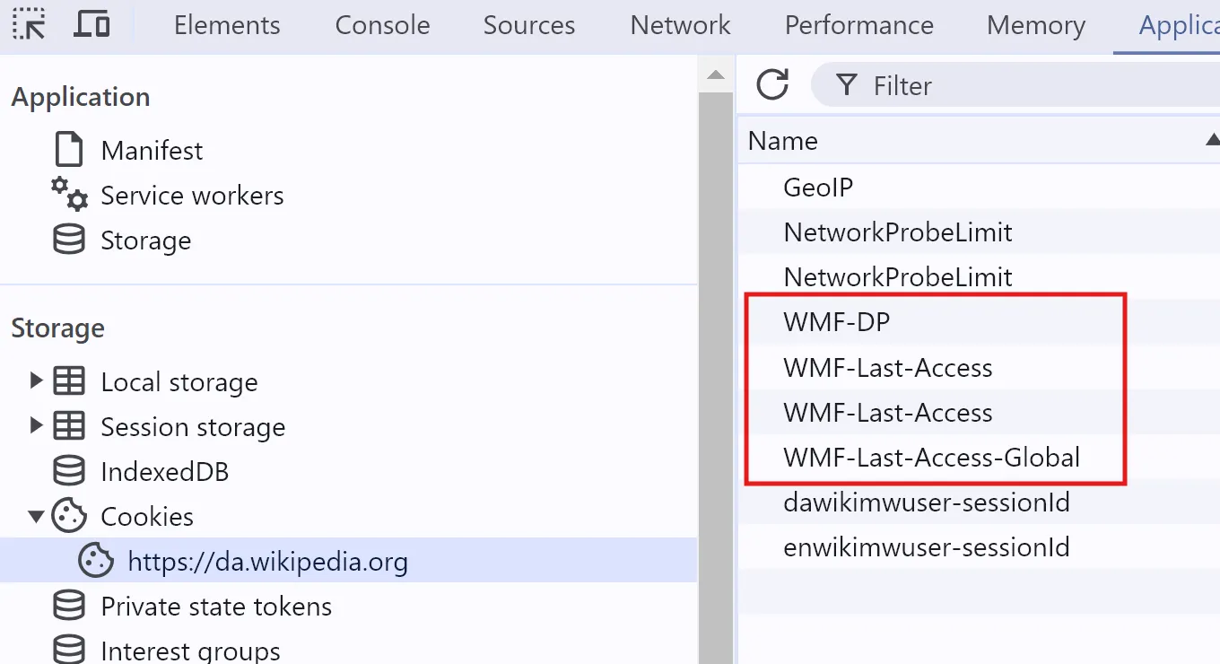 A screenshot of Google Chrome Dev Tools, showing the Application tab > Cookies section. da.wikipedia.com is selected, and there is a list of cookies belonging to that website in the right-hand panel.