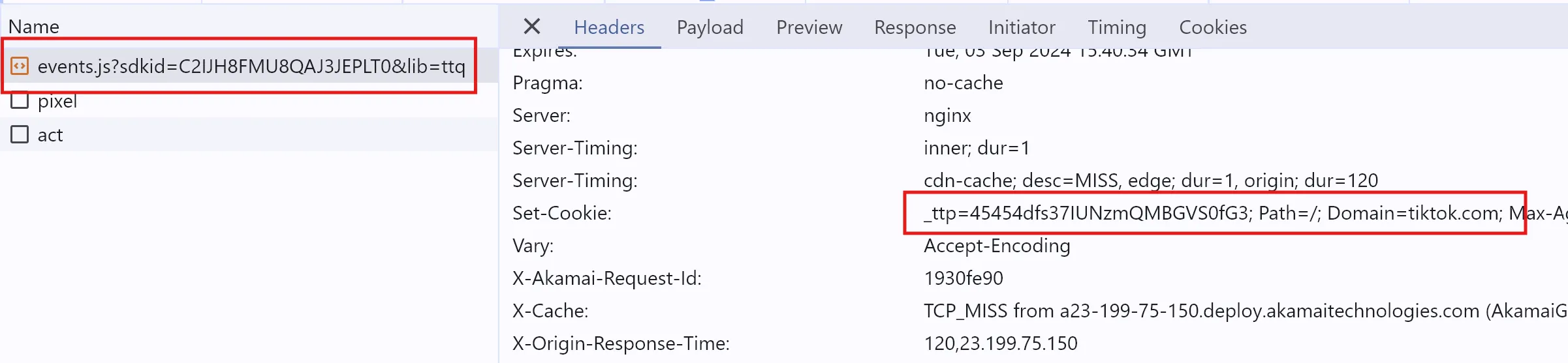 A screenshot of Google Chrome Dev Tools, showing the Network tab with event.js selected. In the right-hand panel, you can see that a Set-Cookie header sets the _ttp cookie.